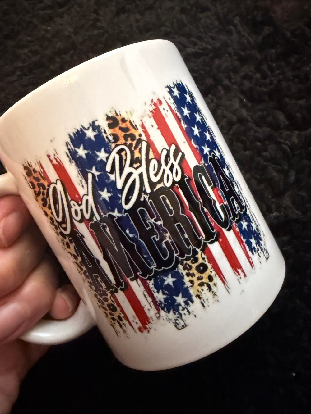 God Bless America White Ceramic Mug with Patriotic Flag Design